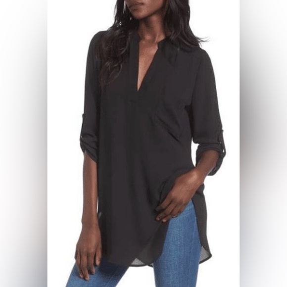Lush Black Roll Tab Sleeve Henley Tunic Blouse Size Medium - Picture 3 of 8